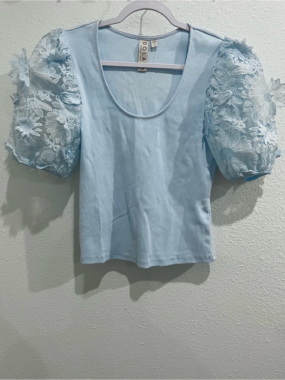 Anthropologie Floral Puff Sleeve Ribbed Top Feminine Blue Boho Stretch